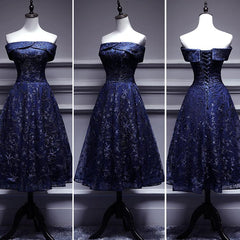 Vestido de dama de honor con hombros descubiertos y encaje azul marino, vestido formal azul