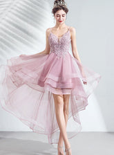 V-neckline Lace Applique Straps High Low Party Dress