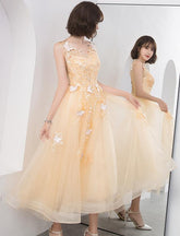 Lovely Champapgne Tulle Tea Length Party Dress with Butterfly