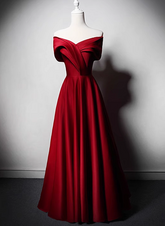 Vestido de fiesta de satén rojo vino con hombros descubiertos y corte A