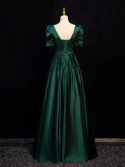 Vestido de fiesta de satén verde con mangas cortas y corte en A hasta el suelo