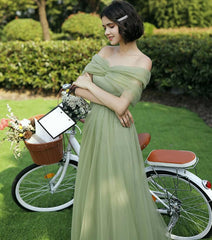 Green Off Shoulder Tulle Long Party Dress