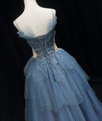 Gorgeous Blue Tulle Layers Beaded Long Wedding Party Dresses