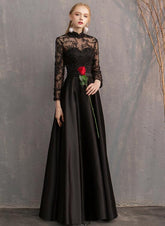 Black Satin and Lace Long Formal Dress Party Dresses