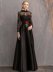 Black Satin and Lace Long Formal Dress Party Dresses