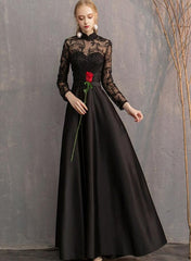 Black Satin and Lace Long Formal Dress Party Dresses