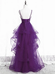 Hermosos vestidos de noche largos de tul morado con capas de encaje