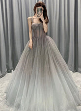 Beautiful Grey Gradient Straps Tulle Long Formal Gown