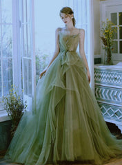 Vestido de fiesta de boda largo con tirantes hasta el suelo de tul verde