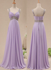 Hermoso vestido de fiesta de tirantes de gasa de color morado claro