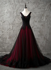 Vestido de fiesta encantador sin mangas con apliques de encaje negro y rojo y cuentas