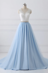Light Blue Tulle V Back Long Party Dress with Bow