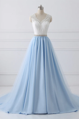 Light Blue Tulle V Back Long Party Dress with Bow