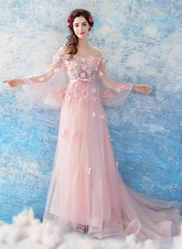 Pink Flowers and Tulle Long Puffy Sleeves Prom Dress