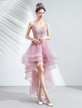 Pink Straps High Low V-neckline Tulle Lace and Beaded Prom Dress