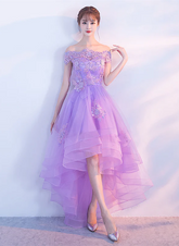 Purple High Low Off Shoulder Lace Applique Prom Dresses