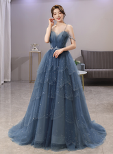Blue Tulle Sweetheart Beaded Straps A-line Junior Prom Dress