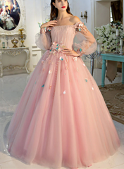 Precioso vestido rosa largo con mangas abullonadas y hombros descubiertos para fiesta de 16 años