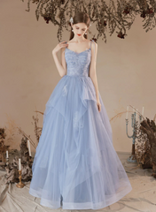 Light Blue Tulle with Lace Straps A-line Prom Dress