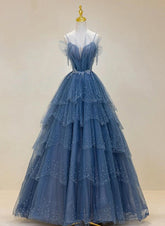 Blue Shiny Tulle Long Beaded A-line Prom Dress
