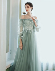 Light Green Tulle Straps with Lace Long Party Dress