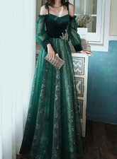 A-line Green Tulle with Lace Long Party Dress