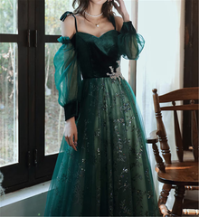 A-line Green Tulle with Lace Long Party Dress