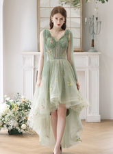Light Green High Low Floral Tulle Formal Dress
