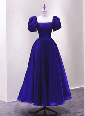 Vestido de fiesta de boda de manga corta de satén azul real