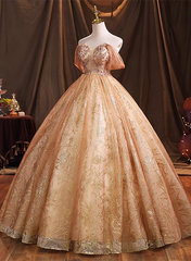 Gold Tulle with Beaded Long Sweet 16 Dress