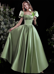 A-line Satin Green Short Sleeves Beaded Party Dress