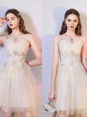 Champagne Tulle with Lace Short Homecoming Dress