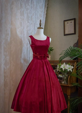 Wine Red Satin Tea Length Party Dress with Bow
