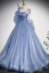Blue Spaghetti Strap Tulle with Flowers Long Formal Dress