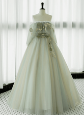 Light Green Off Shoulder Tulle with Lace Long Prom Dress
