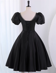 Black Satin Short Sleeves Knee Length Party Dress