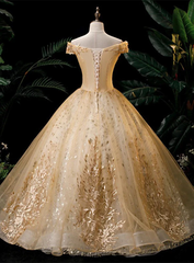 Vestido formal de tul con apliques de encaje y vestido de fiesta dorado
