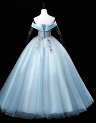 Light Blue Off Shoulder Flowers Tulle Long Party Dress