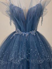 Blue Shiny Tulle Long Beaded A-line Prom Dress