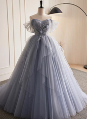 Vestido de fiesta largo glamuroso de tul azul grisáceo con apliques de encaje