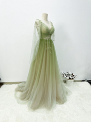 A-line Green Gradient Puffy Sleeves Tulle Long Party Dress