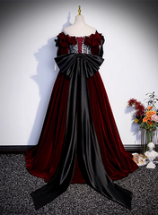 Wine Red Velvet Off Shoulder Party Dress with Bow