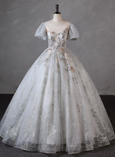 Grey Short Sleeves Tulle Ball Gown Prom Dress