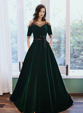 Green Off Shoulder Velvet Long Party Dress