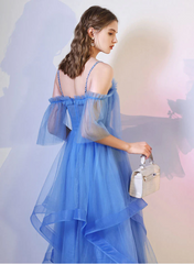 Blue Tulle Straps Beaded Layers Tea Length Party Dress