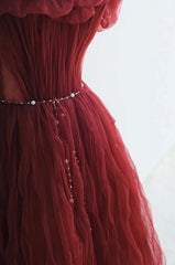 Wine Red Tulle Sequins Long Off Shoulder Party Dress