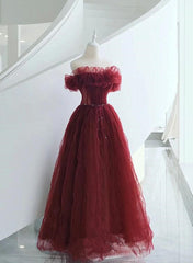 Wine Red Tulle Sequins Long Off Shoulder Party Dress