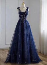 A-line Navy blue Tulle Beaded V-neckline Party Dress