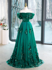 Beautiful Green Off Shoulder Party Dress with Flowers