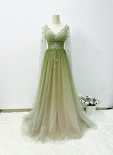 A-line Green Gradient Puffy Sleeves Tulle Long Party Dress